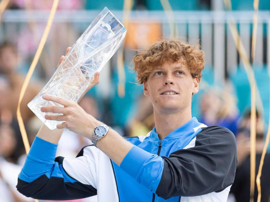 Jannik Sinner celebrates with the Miami Open trophy in 2024