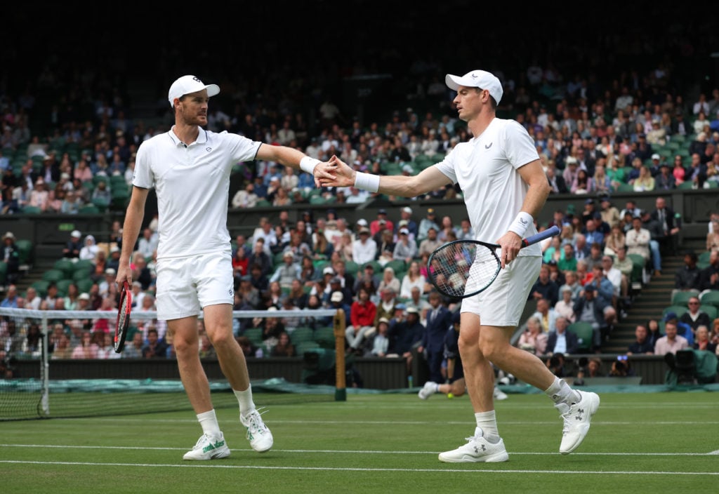 Jamie and Andy Murray in action at the 2024 Wimbledon championships.