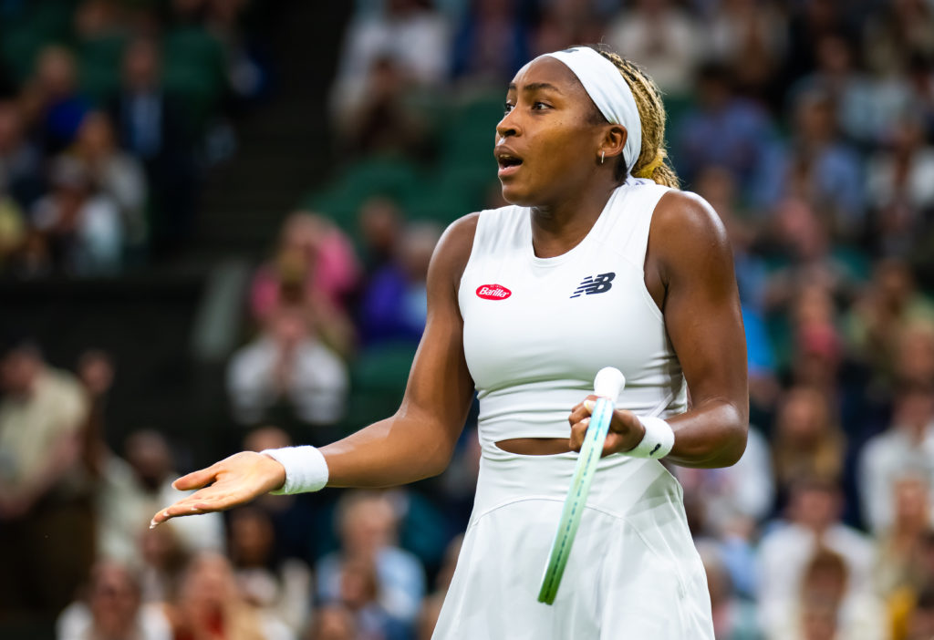 Coco Gauff reacts during her defeat to Emma Navarro at Wimbledon in 2024