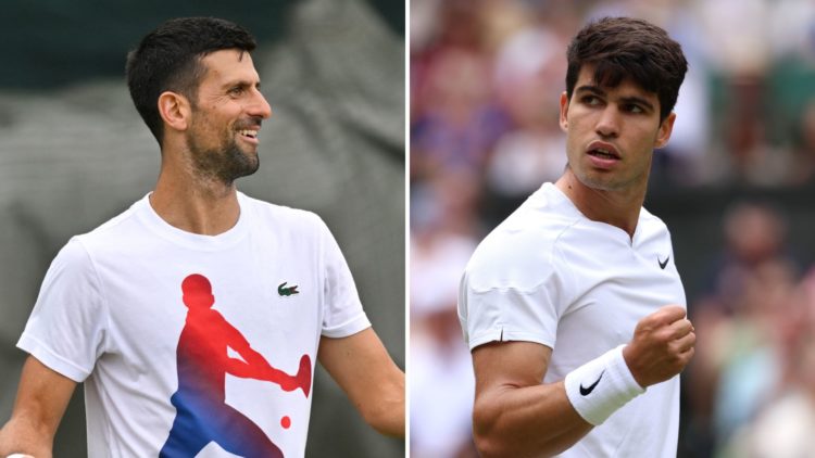 Split image of Carlos Alcaraz and Novak Djokovic.