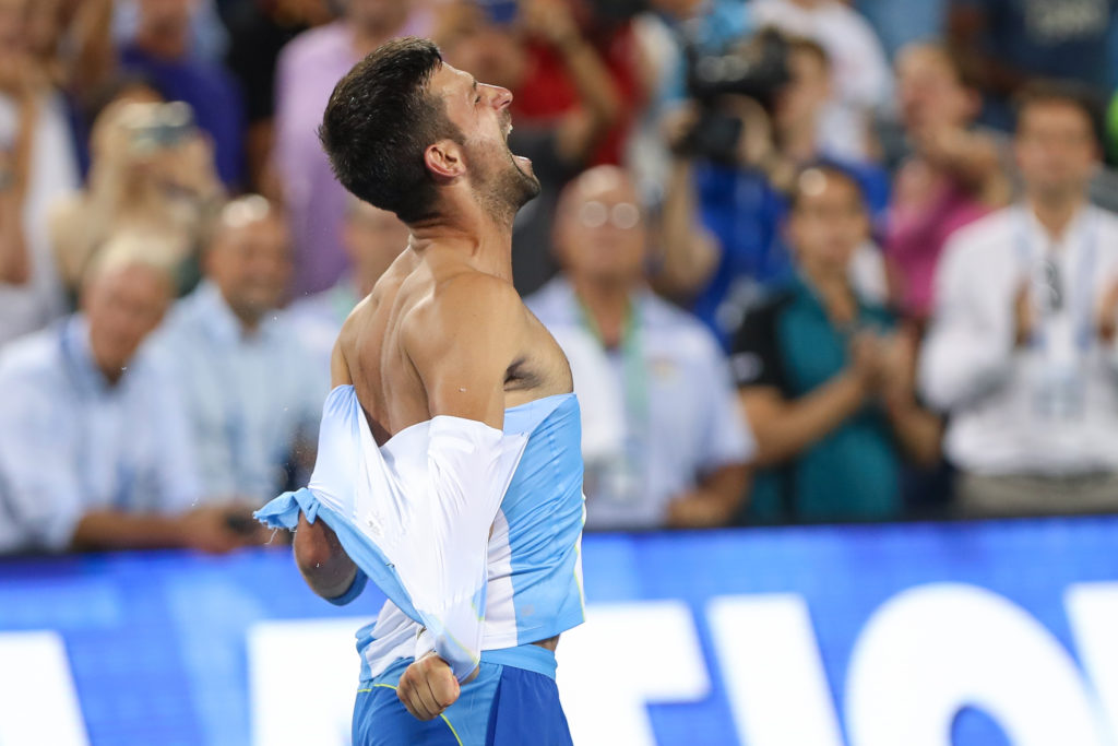 Novak Djokovic celebrates after winning the 2023 Cincinnati Open final.