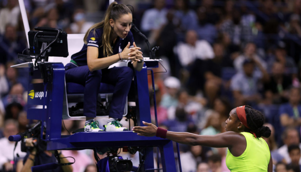 Coco Gauff speaks to the chair umpire after a point during her match against Laura Siegemund at the 2023 US Open.