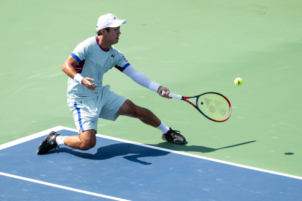 Yoshihito Nishioka hits a forehand at the ATP Masters 1000 National Bank Open Montréal Presented by Rogers - Previews
