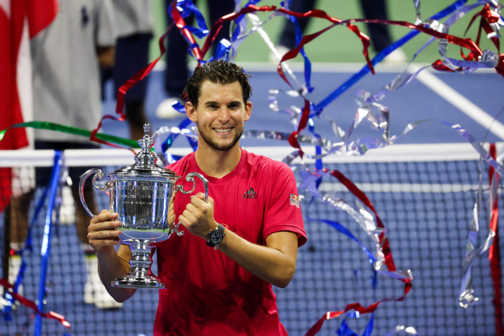 Dominic Thiem holding the 2020 US Open title.