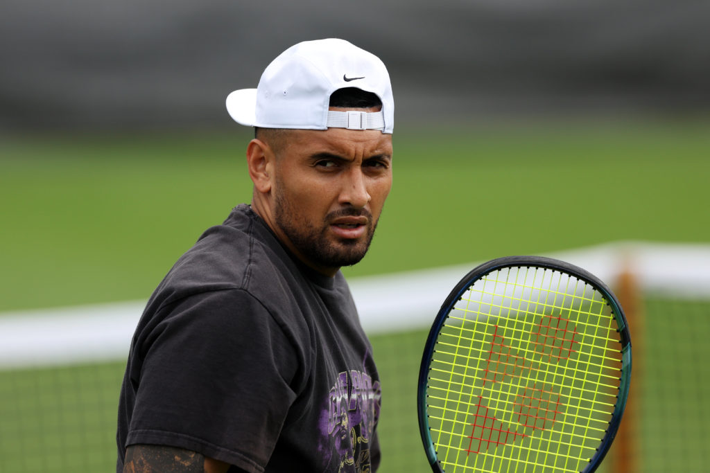 Nick Kyrgios looks on during a practice session at the 2023 Wimbledon Championships.