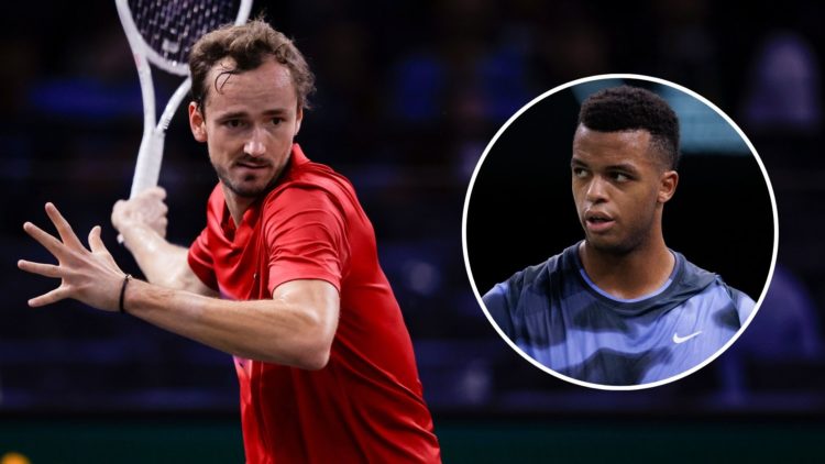 Daniil Medvedev in action against Alexei Popyrin of Australia during day three of the Rolex Paris Masters 2024. Inset, Giovanni Mpetshi Perricard.