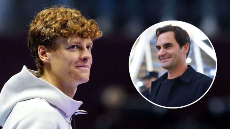 Italy's Jannik Sinner looks on during the awards ceremony after his final tennis match against Spain's Carlos Alcaraz in the "6 Kings Slam" exhibit...