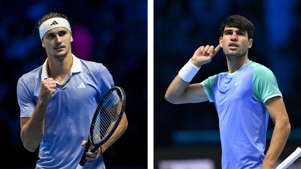 Alexander Zverev (left) celebrates winning his round robin singles match against Casper Ruud at the 2024 ATP Finals. Carlos Alcaraz (right) celebra...