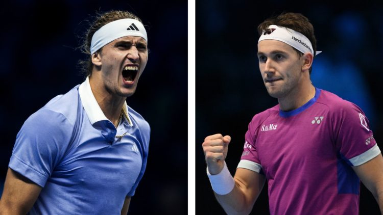 Alexander Zverev (left) celebrates the victory in the 2024 ATP Finals group stage against Andrey Rublev. Casper Ruud (right) celebrates during his ...