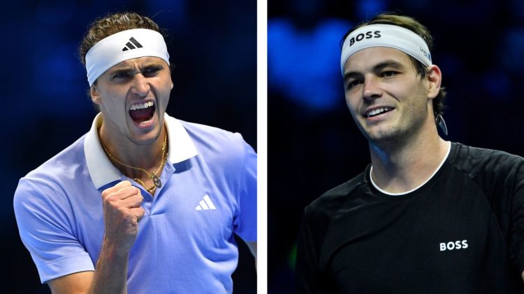 Alexander Zverev (left) celebrates a break point in his match against Andrey Rublev at the 2024 ATP Finals. Taylor Fritz (right) reacts against Dan...