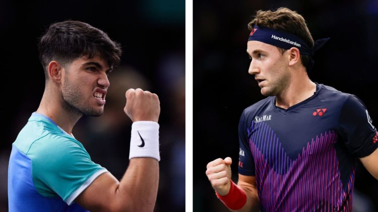 Carlos Alcaraz (left) celebrates a point against Ugo Humbert in their Men's Singles Third Round match at the 2024 Paris Masters. Casper Ruud (right...
