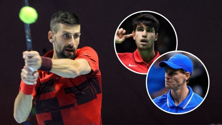 Novak Djokovic. Inset, Carlos Alcaraz and Jannik Sinner.