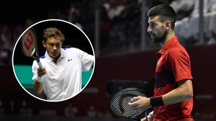Novak Djokovic. Inset, Nicolas Mahut.