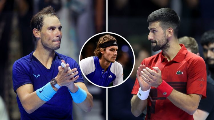 Split image of Novak Djokovic and Rafael Nadal. Inset, Stefanos Tsitsipas.
