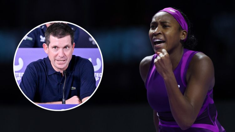 Coco Gauff of the United States celebrates match point against Jessica Pegula of the United States in their round robin singles match during Day 2 ...