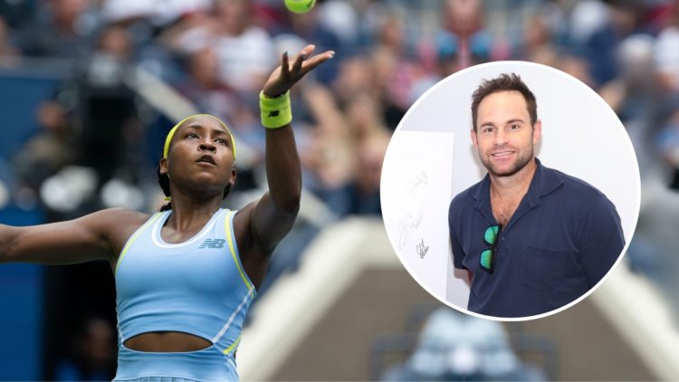 Coco Gauff serving. Inset, Andy Roddick.