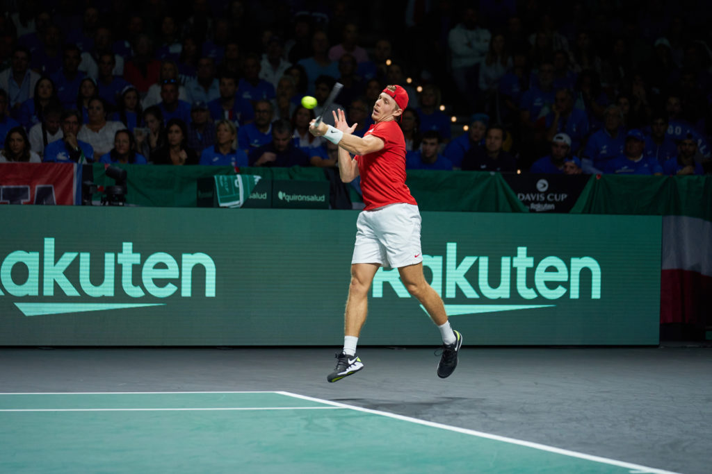 Denis Shapovalov of Canada plays against Lorenzo Sonego of