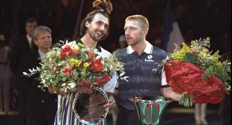 7 Dec 1996:  Goran Ivanisevic of Croatia (left) stands with Boris Becker of Germany after the final of the Compaq grand slam cup in Munich, Germany...