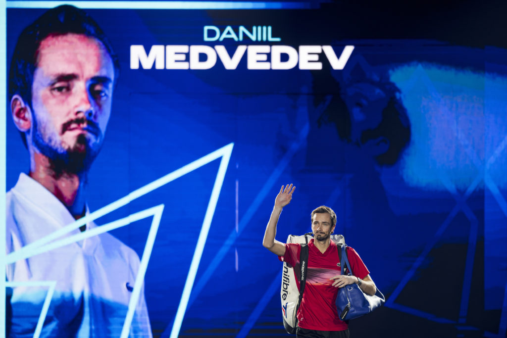 Daniil Medvedev of Russia walks out prior to his round robin