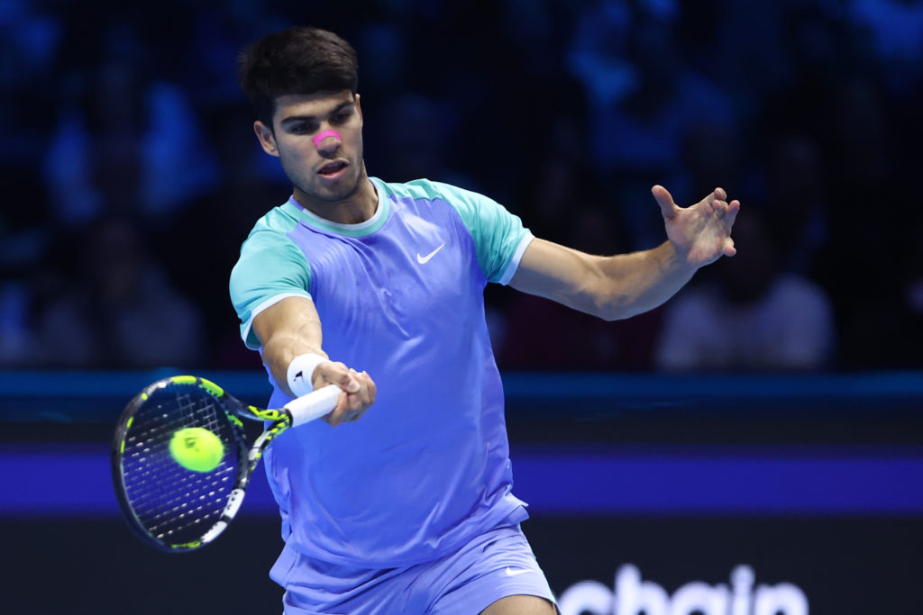 Carlos Alcaraz of Spain in action during the Round Robin