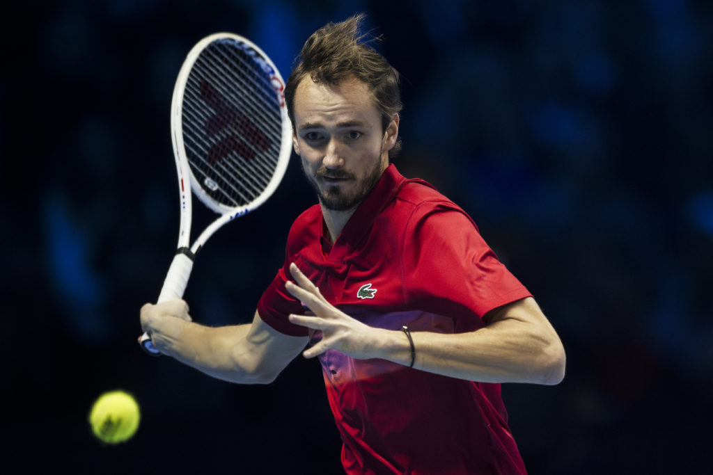 Daniil Medvedev of Russia plays a forehand during his round