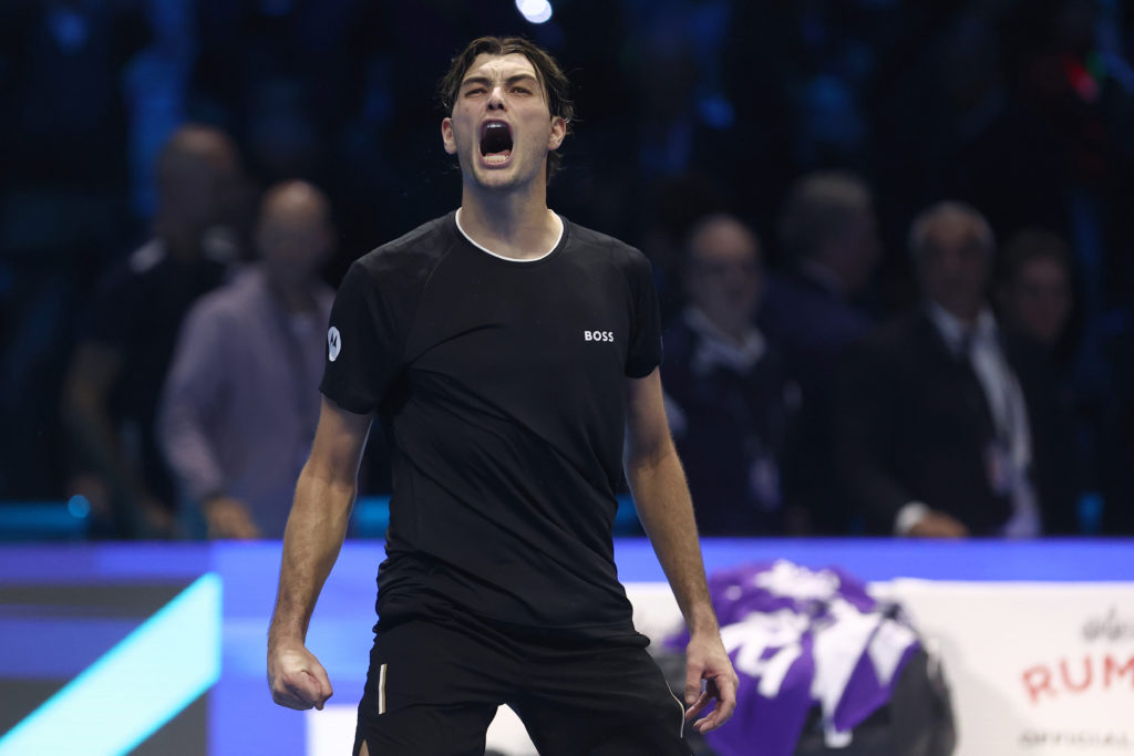 Taylor Fritz of USA celebrates at the end of the semi-final