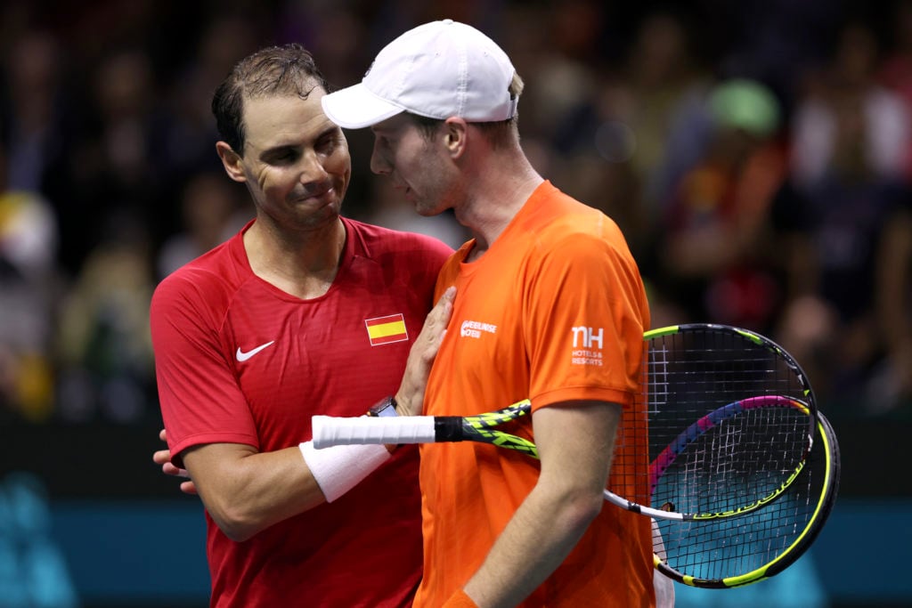 Rafael Nadal and Botic van de Zandschulp embrace after their match at the 2024 Davis Cup Finals