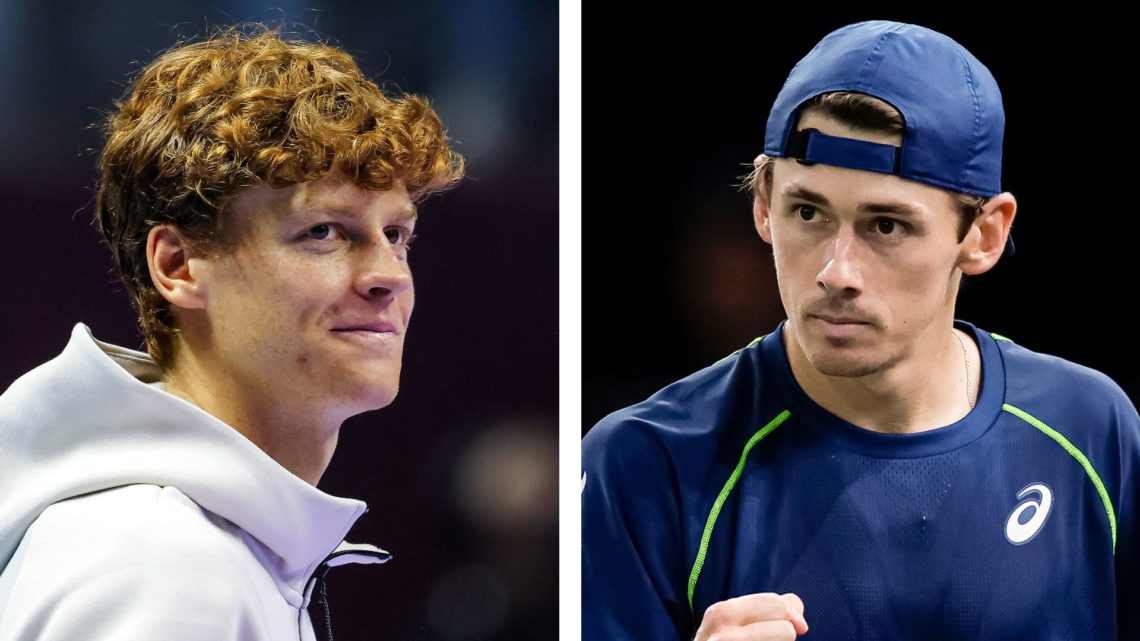 Jannik Sinner (left) looks on during the awards ceremony after the 2024 Six Kings Slam. Alex de Minaur (right) celebrates winning a match point aga...
