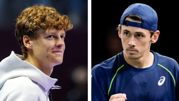 Jannik Sinner (left) looks on during the awards ceremony after the 2024 Six Kings Slam. Alex de Minaur (right) celebrates winning a match point aga...