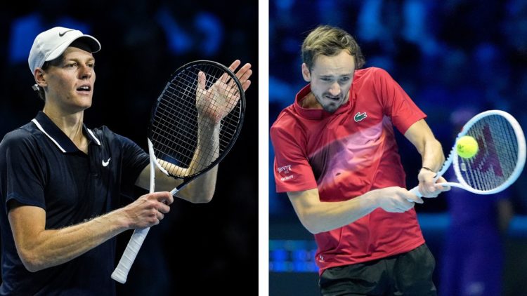 Jannik Sinner (left) celebrates the victory in the Men's Singles Round Robin match against Taylor Fritz at the 2024 ATP Finals. Daniil Medvedev (ri...
