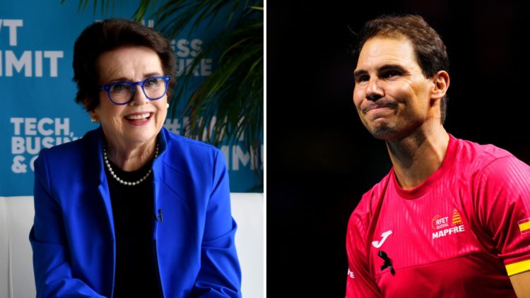 Split image of Billie Jean King and Rafael Nadal.