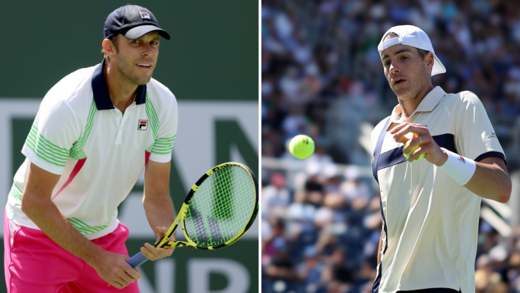 John Isner ina ction at the US Open (R) and Sam Querrey waiting to return a serve (L)