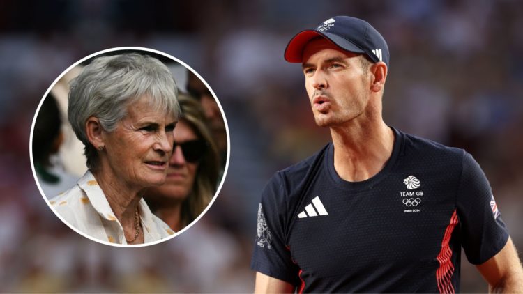 Andy Murray of Team Great Britain reacts with partner (out of frame) Daniel Evans of Team Great Britain against Tommy Paul of Team United States an...