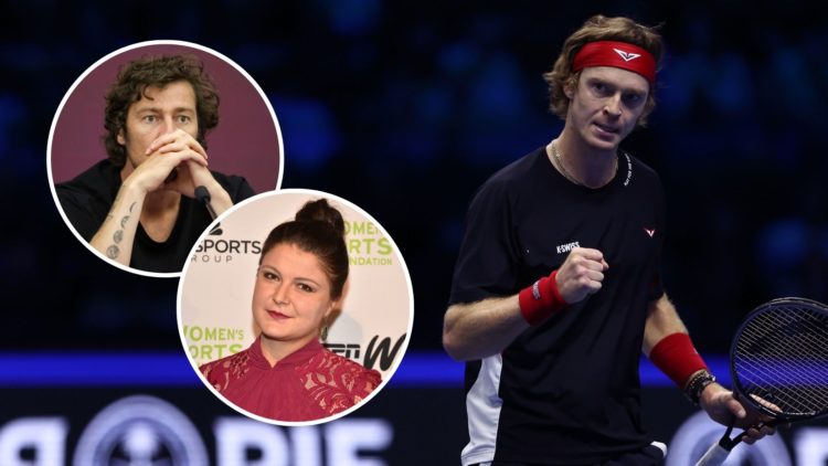 Andrey Rublev of Russia looks on during the Round Robin singles match between Alexander Zverev of Germany and Andrey Rublev of Russia on Day two of...