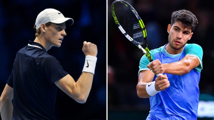 Split image of Jannik Sinner and Carlos Alcaraz.