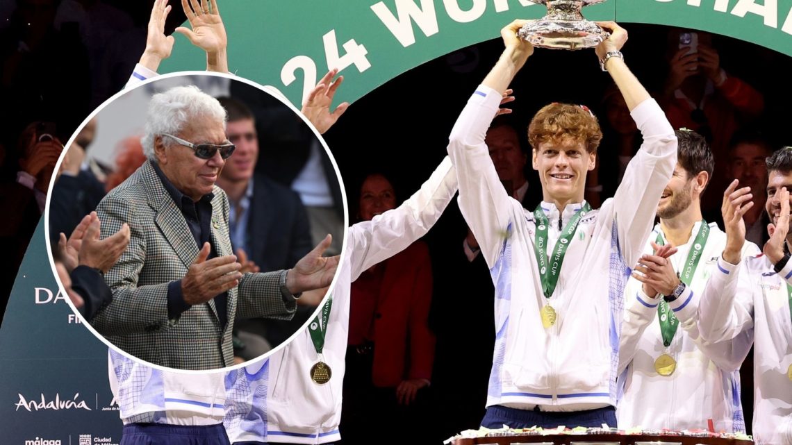 Jannik Sinner, lifting the Davis Cup or ATP Finals trophy, with an inset of Nicola Pietrangeli