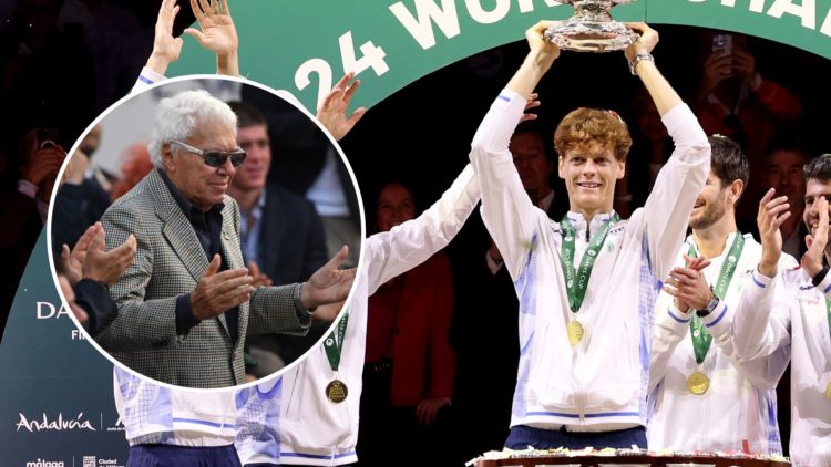 Jannik Sinner, lifting the Davis Cup or ATP Finals trophy, with an inset of Nicola Pietrangeli