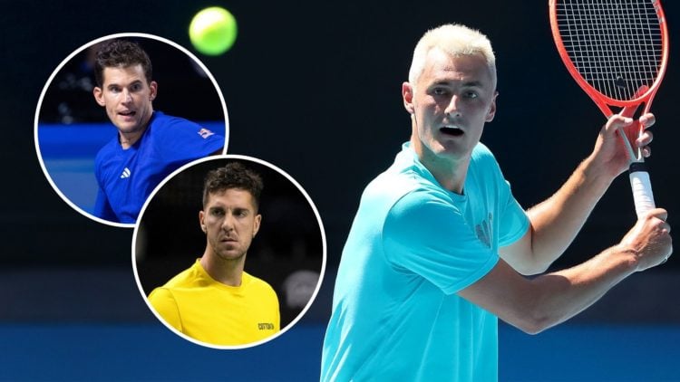 Bernard Tomic of Australia plays a backhand during a practice session. Inset, Dominic Thiem and Thanasi Kokkinakis