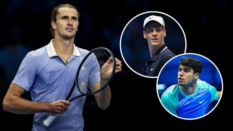 Alexander Zverev with insets of Jannik Sinner and Carlos Alcaraz.