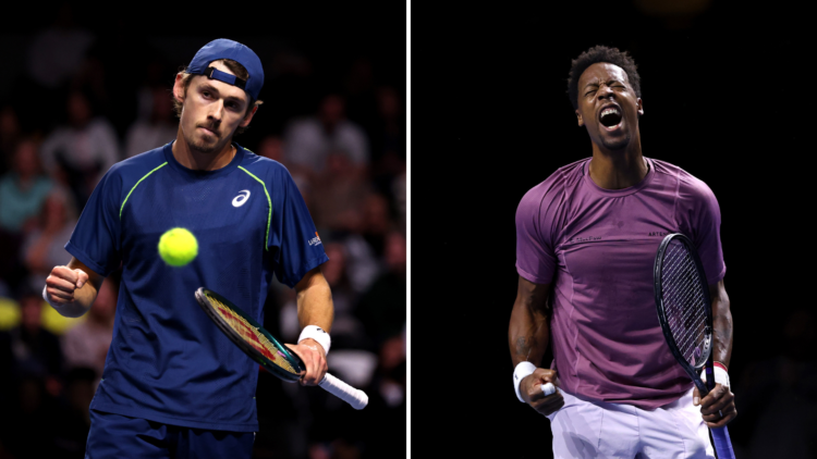 Split of Alex de Minaur (L) and Gael Monfils (R)