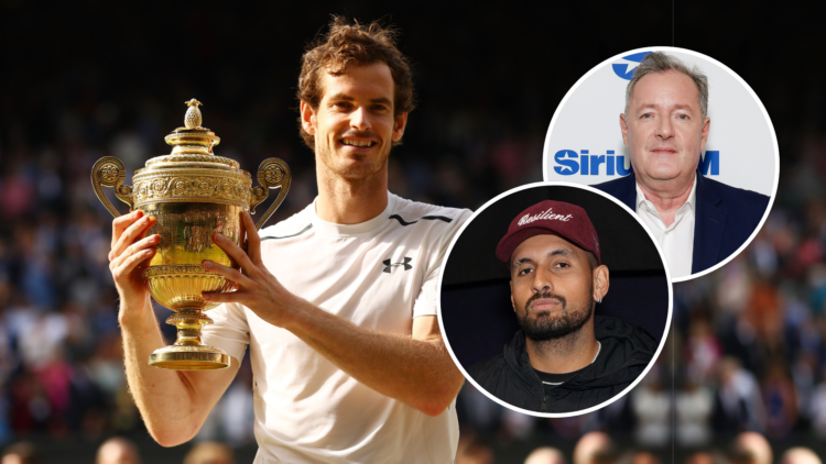 Andy Murray with the Wimbledon title with insets of Nick Kyrgios and Piers Morgan
