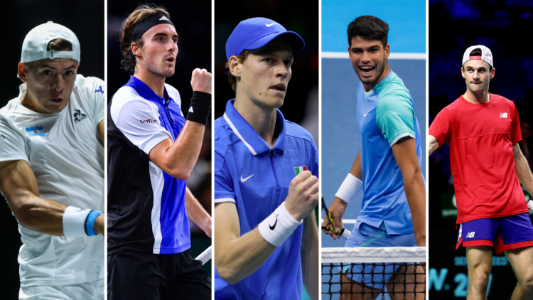 Carlos Alcaraz, Jannik Sinner (Centre), Stefanos Tsitsipas, Sebastian Baez, and Tommy Paul