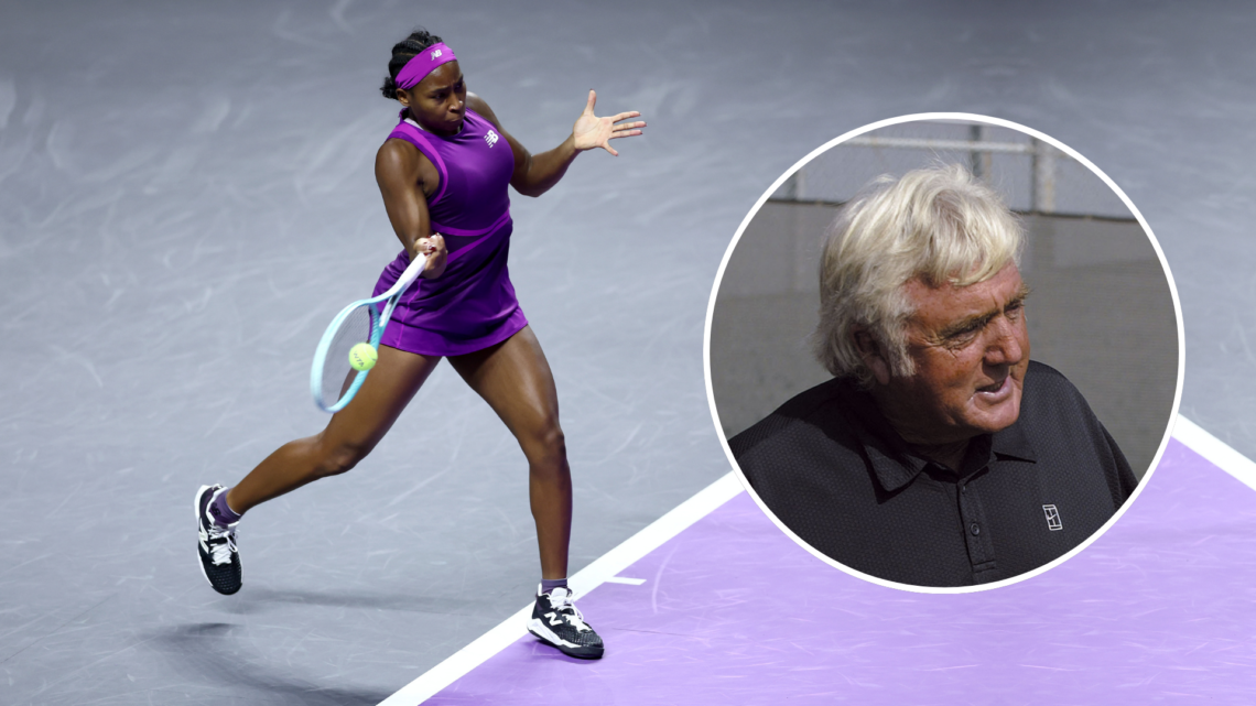 Coco Gauff (hitting a forehand) with an inset of Robert Lansdorp