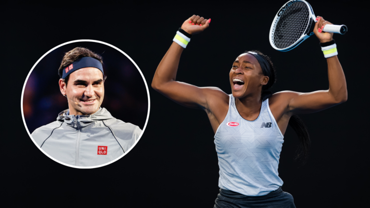 Coco Gauff playing at the 2020 Australian Open v Naomi Osaka, with an inset of Roger Federer