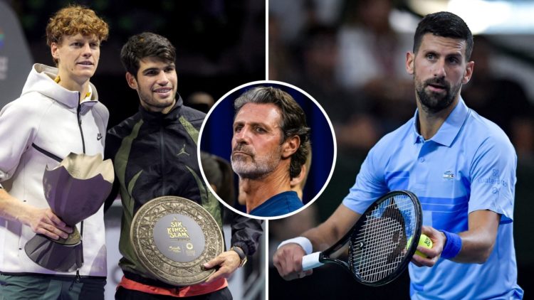 Novak Djokovic, Jannik Sinner and Carlos Alcaraz with Patrick Mouratoglou as an inset