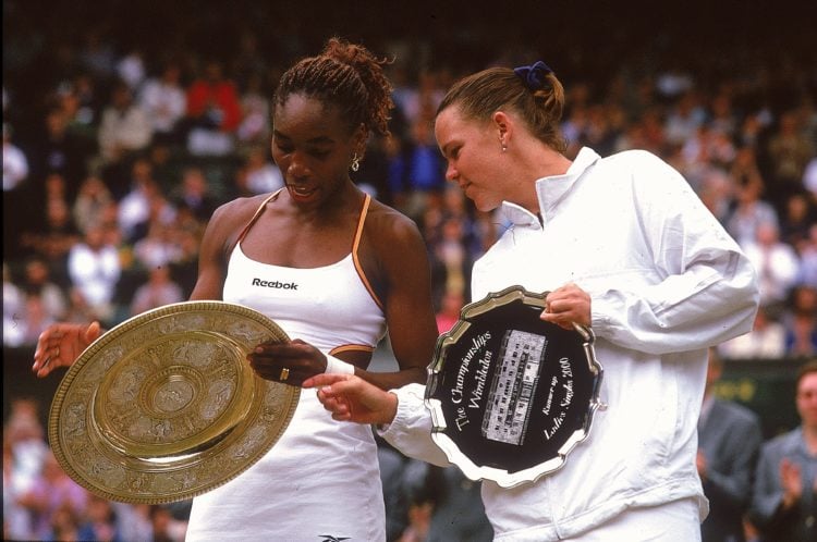 8 Jul 2000:  Venus Williams (left) and Lindsay Davenport both of the USA compare trophies after the womens singles final at the Wimbledon Lawn Tenn...