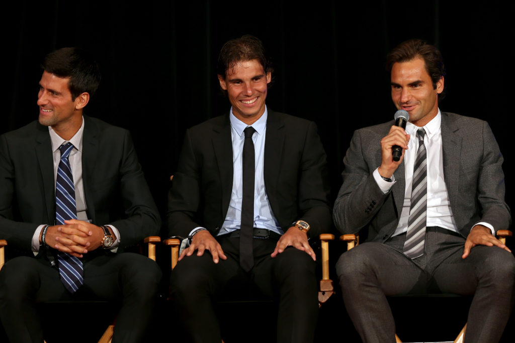 Novak Djokovic of Serbia; Rafael Nadal of Spain and Roger Federer of Switzerland on stage during the ATP Heritage Celebration.