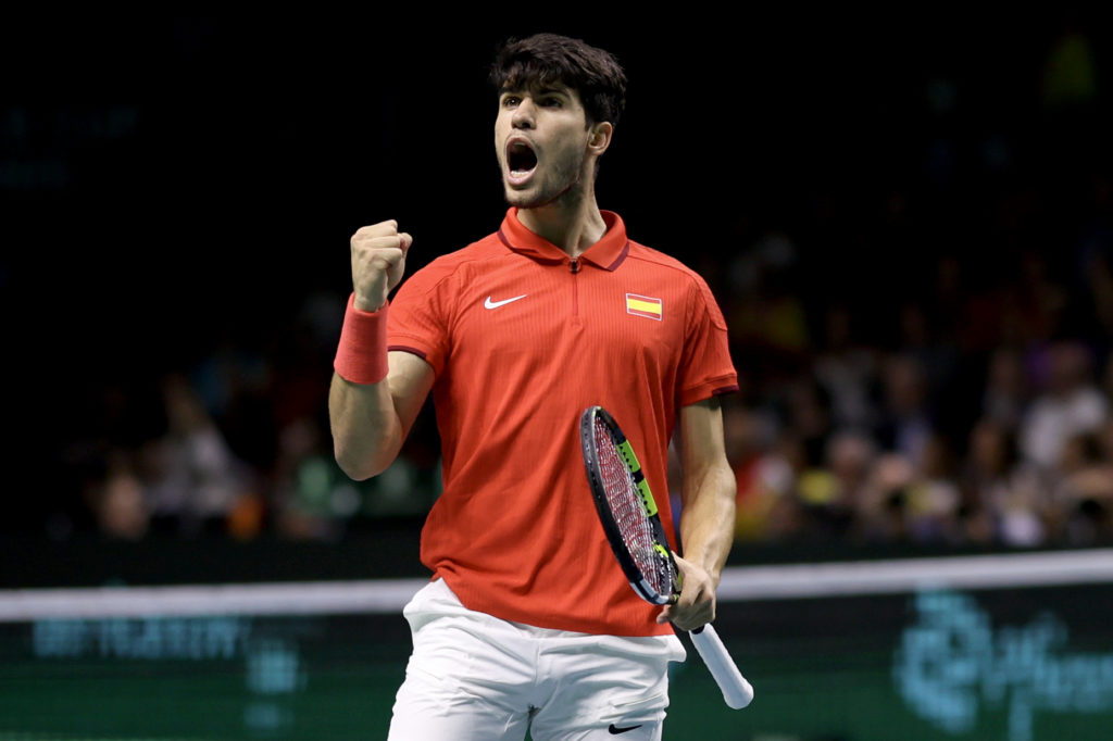 Carlos Alcaraz celebrates his win over Tallon Griekspoor at the 2024 Davis Cup Finals