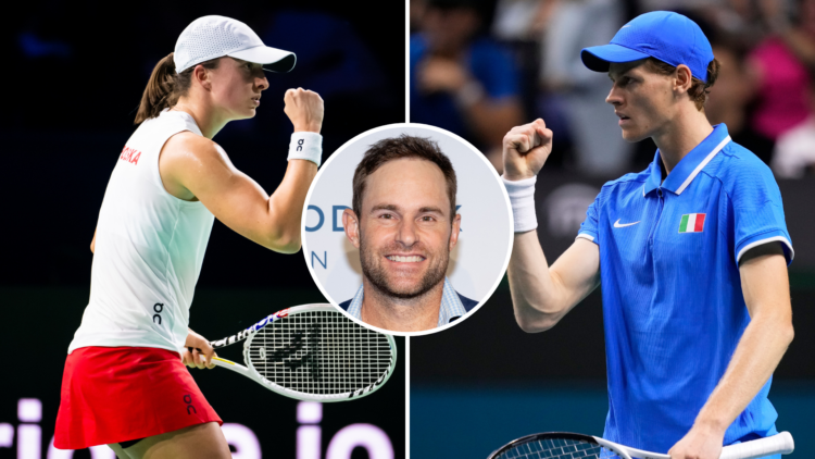 Split of Iga Swiatek (L) and Jannik Sinner (R) with an inset of Andy Roddick