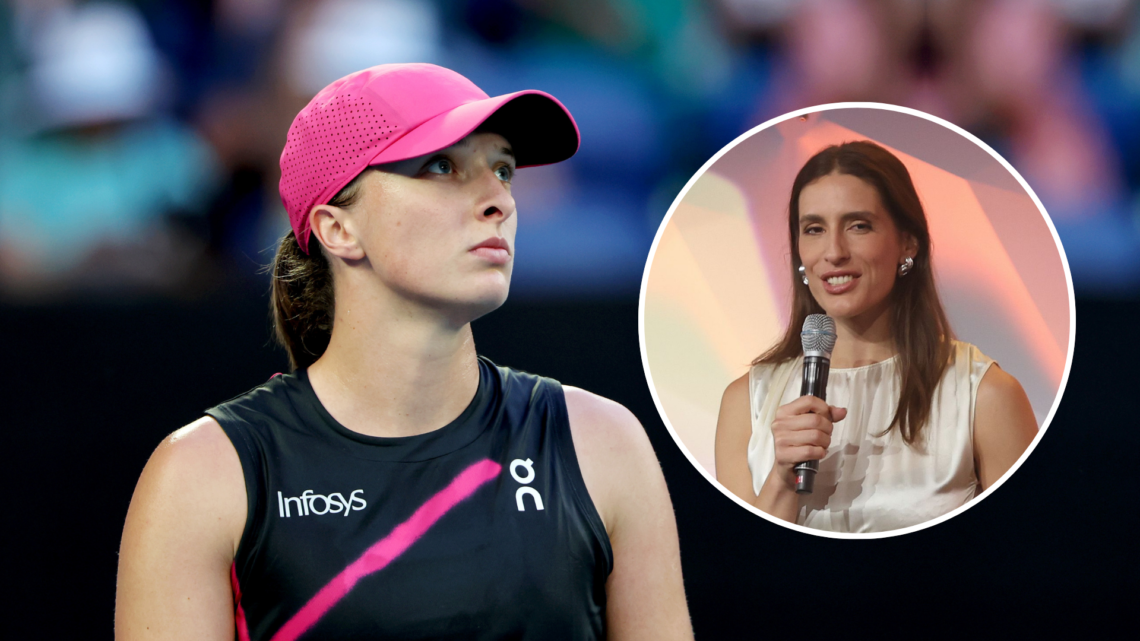 Iga Swiatek at the Australian Open with an inset of Andrea Petkovic